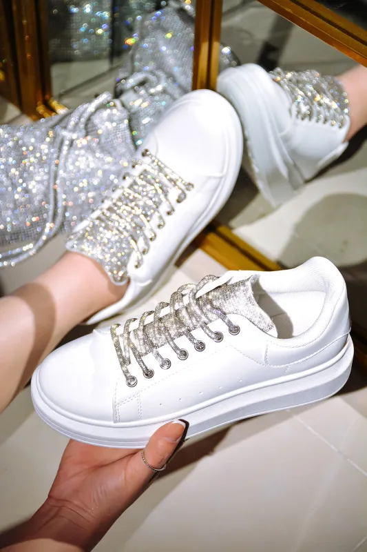 Teno Rhinestone Bedazzled Tie Up Sneakers - White sold by Cape Robbin