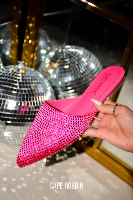 Crunch Satin Clear Rhinestone Flat Mules - Pink sold by Cape Robbin