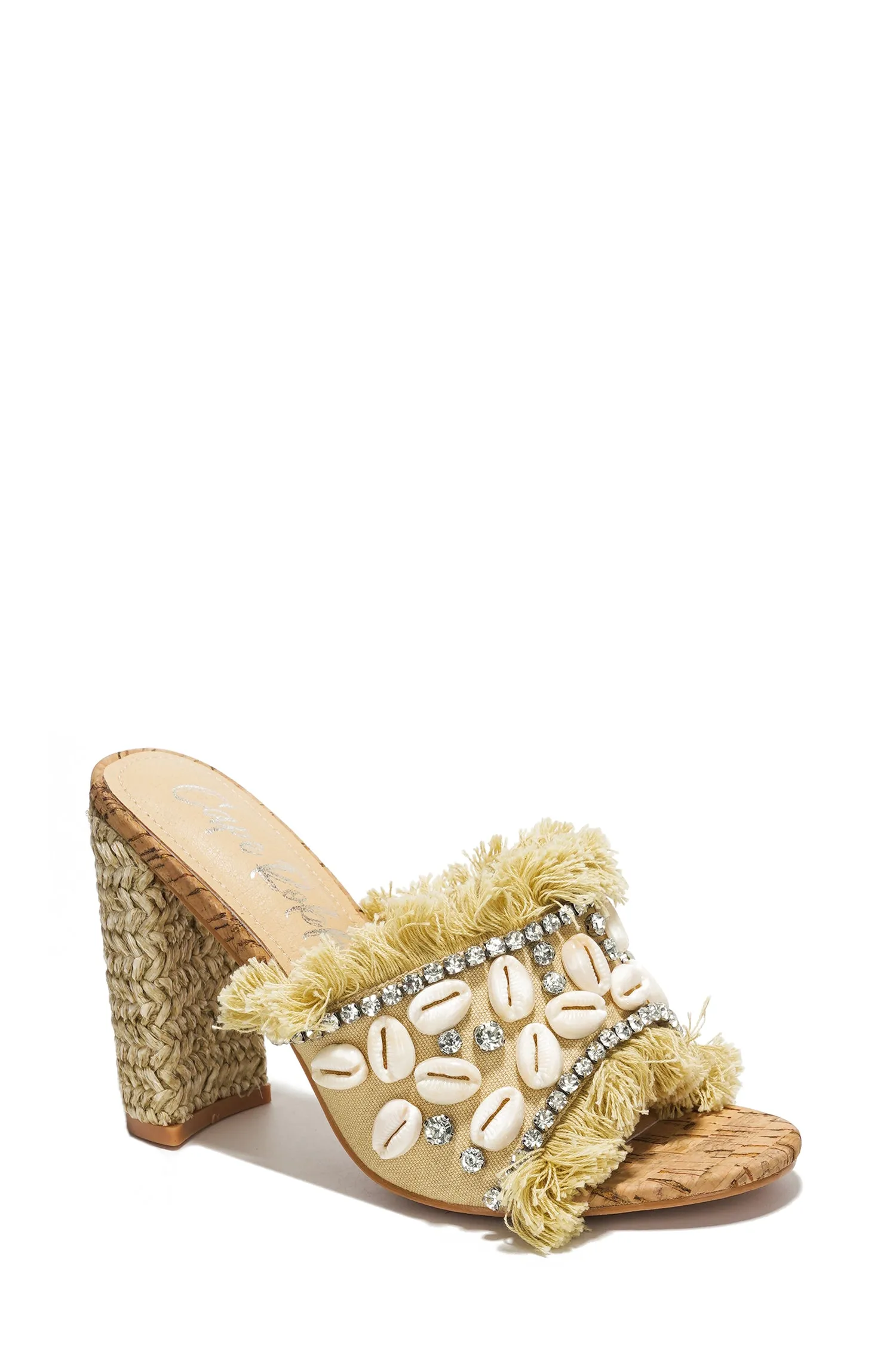 Shelly Cowrie Shell & Rhinestone Raffia Block Heel Mule - Beige sold by Cape Robbin product image thumbnail 3
