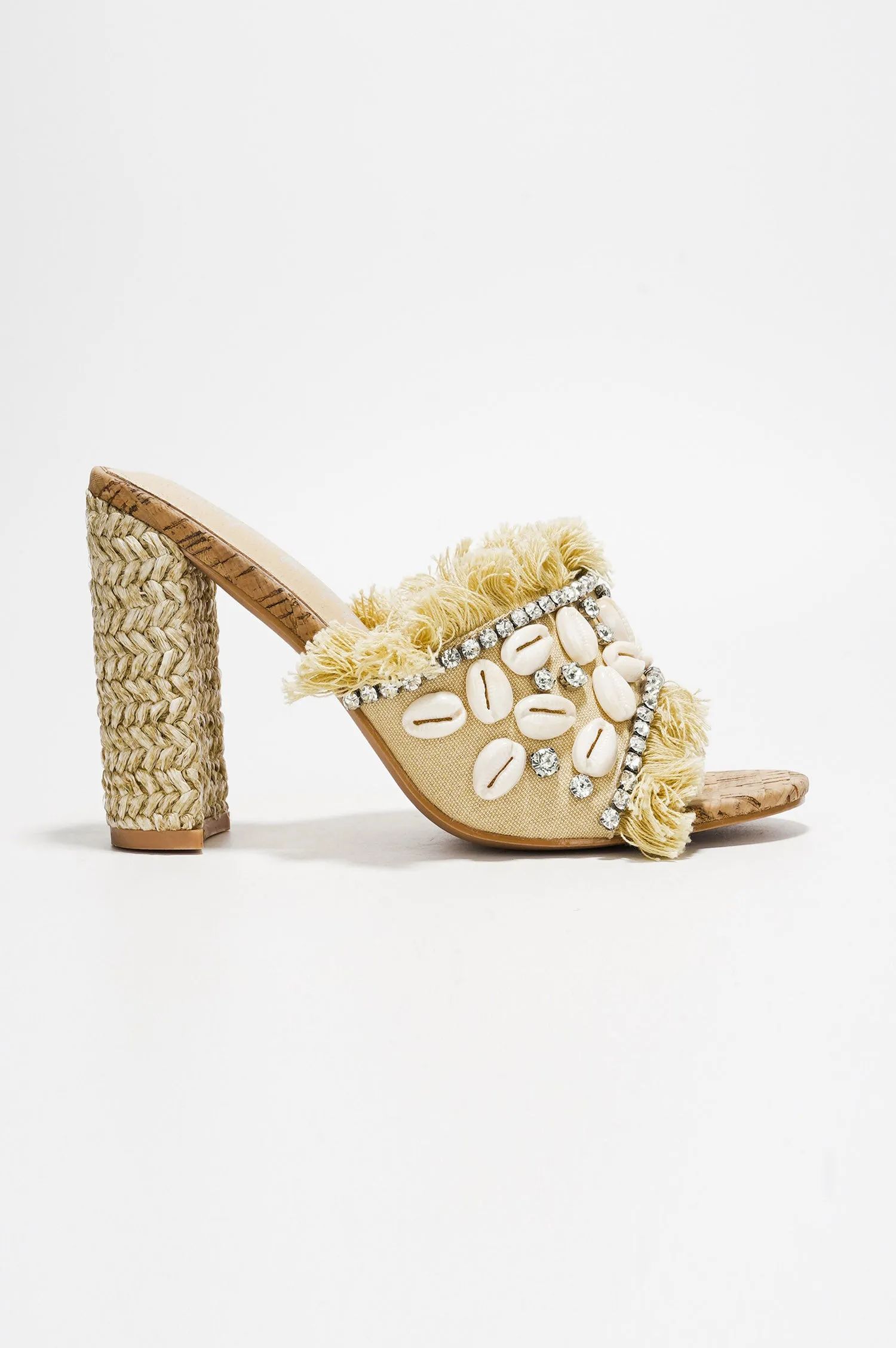 Shelly Cowrie Shell & Rhinestone Raffia Block Heel Mule - Beige sold by Cape Robbin product image thumbnail 2