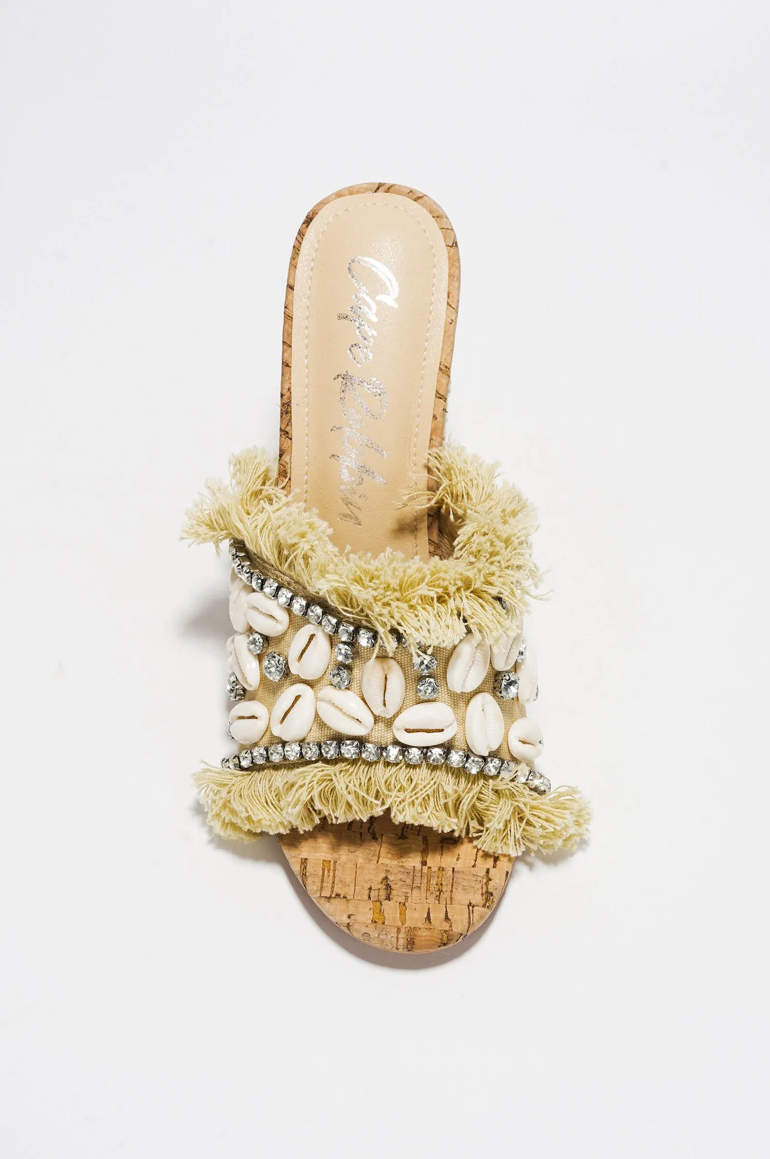 Shelly Cowrie Shell & Rhinestone Raffia Block Heel Mule - Beige sold by Cape Robbin product image thumbnail 4