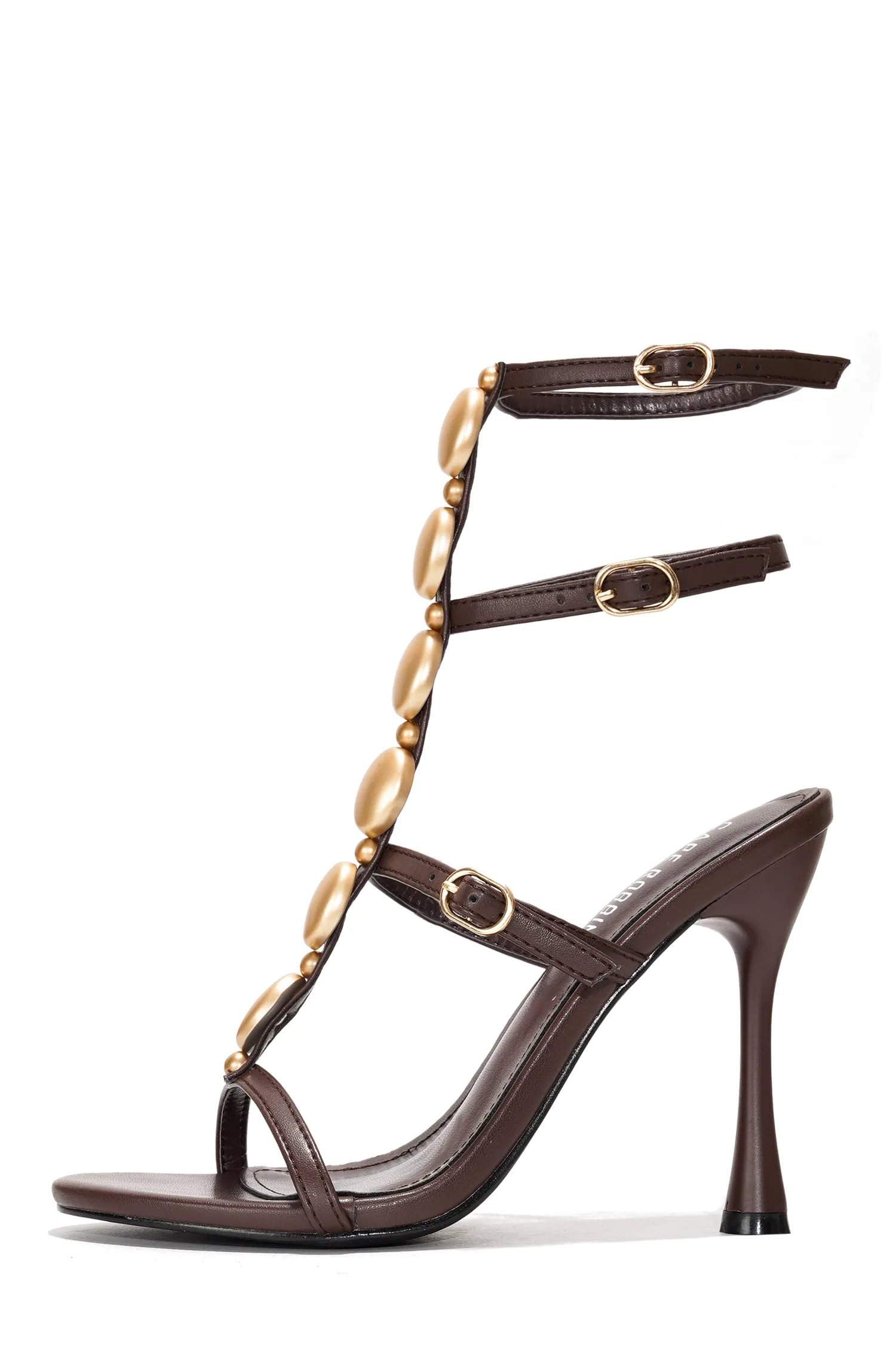 Brana Beaded T-Strap Sculptural Heel Sandal - Brown sold by Cape Robbin product image thumbnail 2