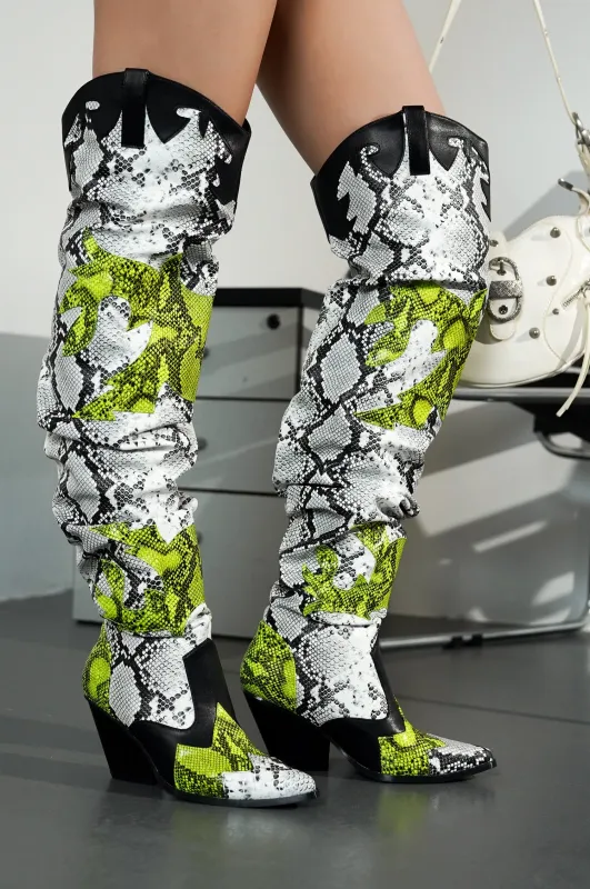 Hilda Faux Snakeskin Thigh High Cowboy Boots - Black sold by Cape Robbin