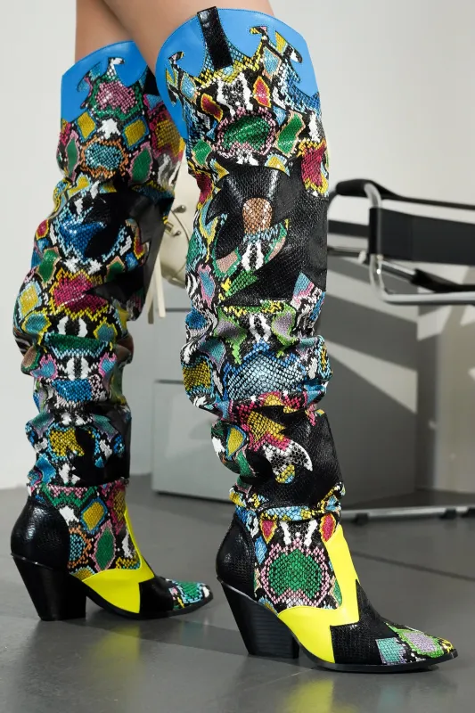 Hilda Faux Snakeskin Thigh High Cowboy Boots - Multi sold by Cape Robbin