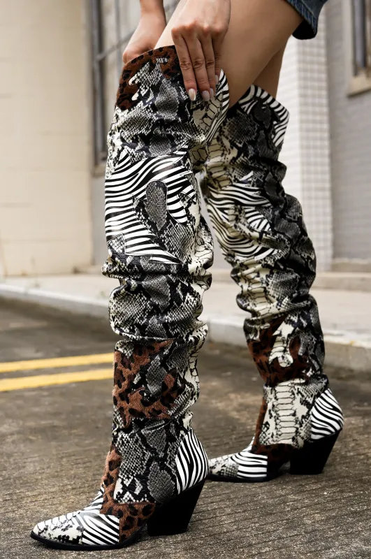 Hilda Faux Snakeskin Thigh High Cowboy Boots - Animal sold by Cape Robbin