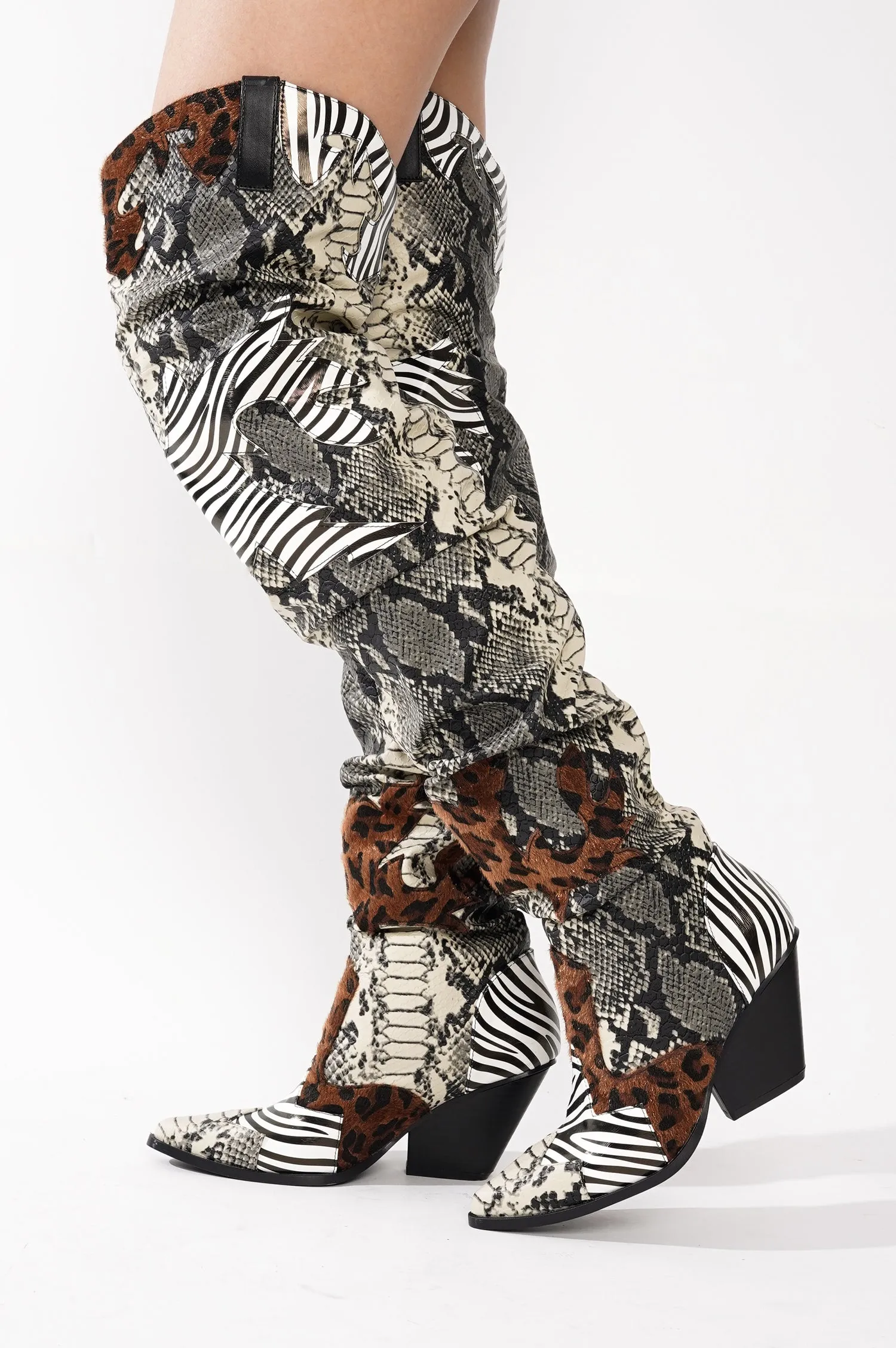 Hilda Faux Snakeskin Thigh High Cowboy Boots - Animal sold by Cape Robbin product image thumbnail 2