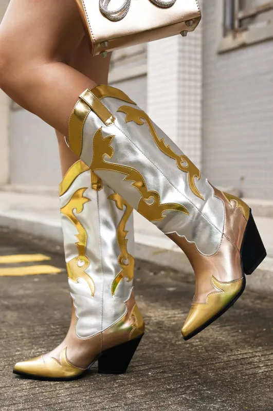 Juliana Metallic Color Block Western Cowboy Boots - Gold sold by Cape Robbin