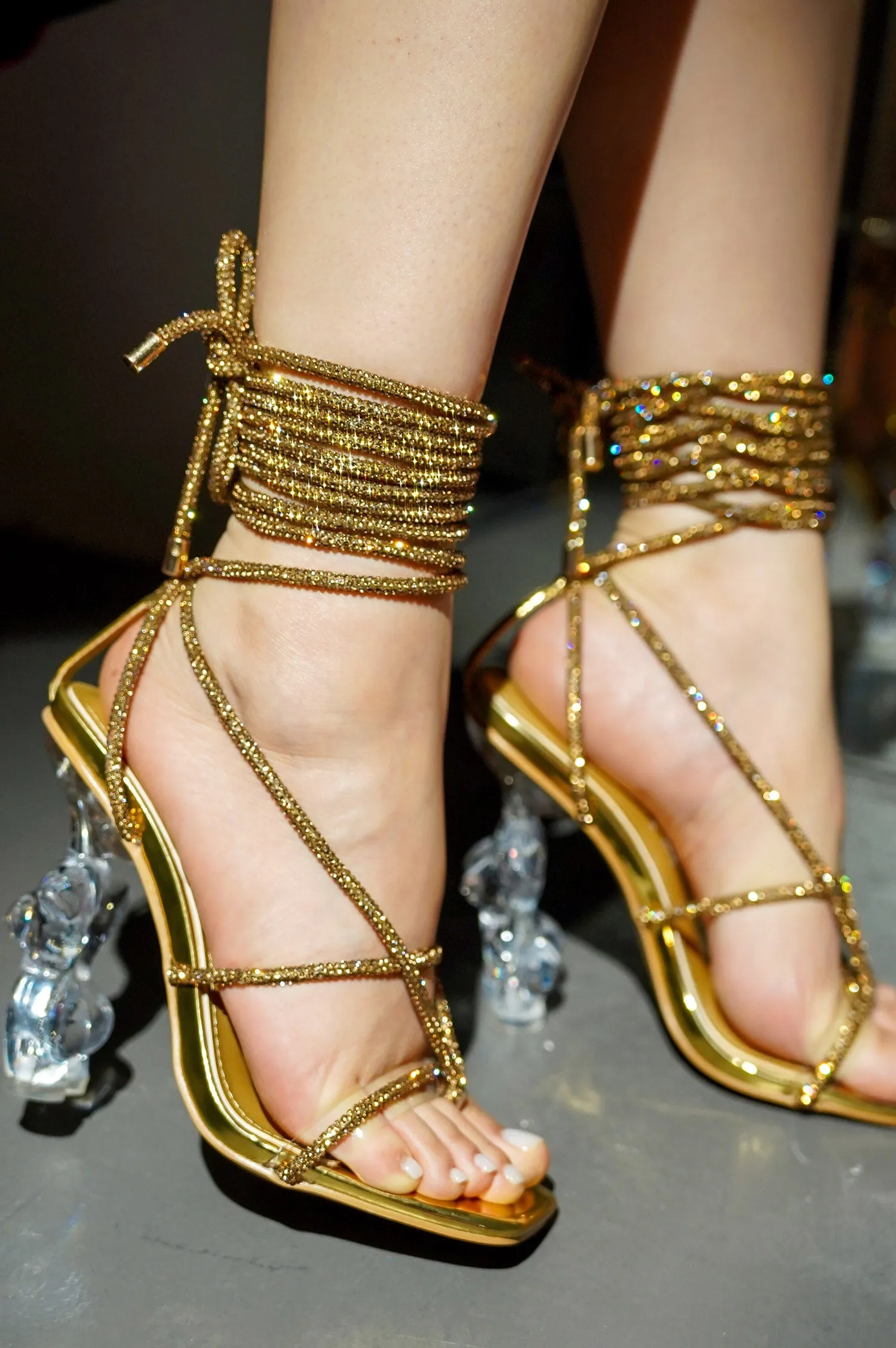 Rhodia Rhinestone Artistry Body Shape Strappy Heels - Gold sold by Cape Robbin