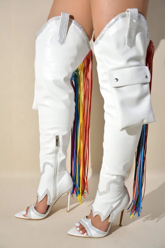 Lise Western Rhinestone Fringed Cargo Boots - White sold by Cape Robbin