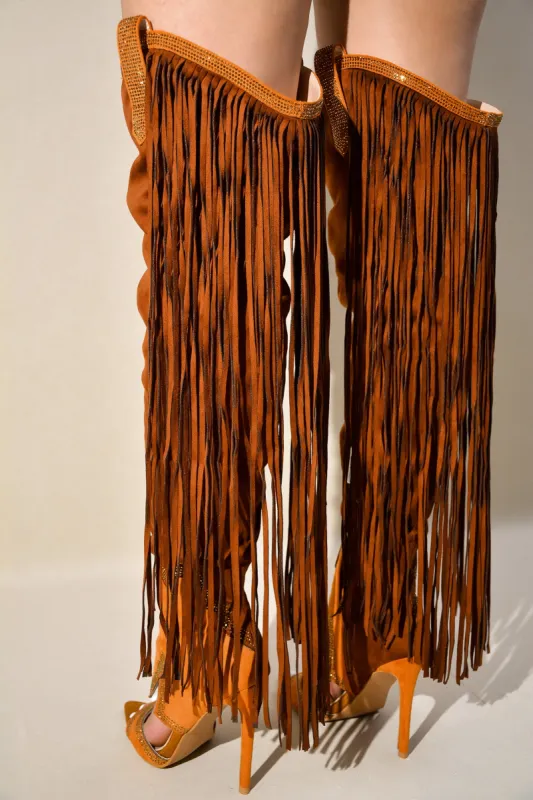 Yura Fringe Rhinestones Over-the-Knee Boots - Brown sold by Cape Robbin