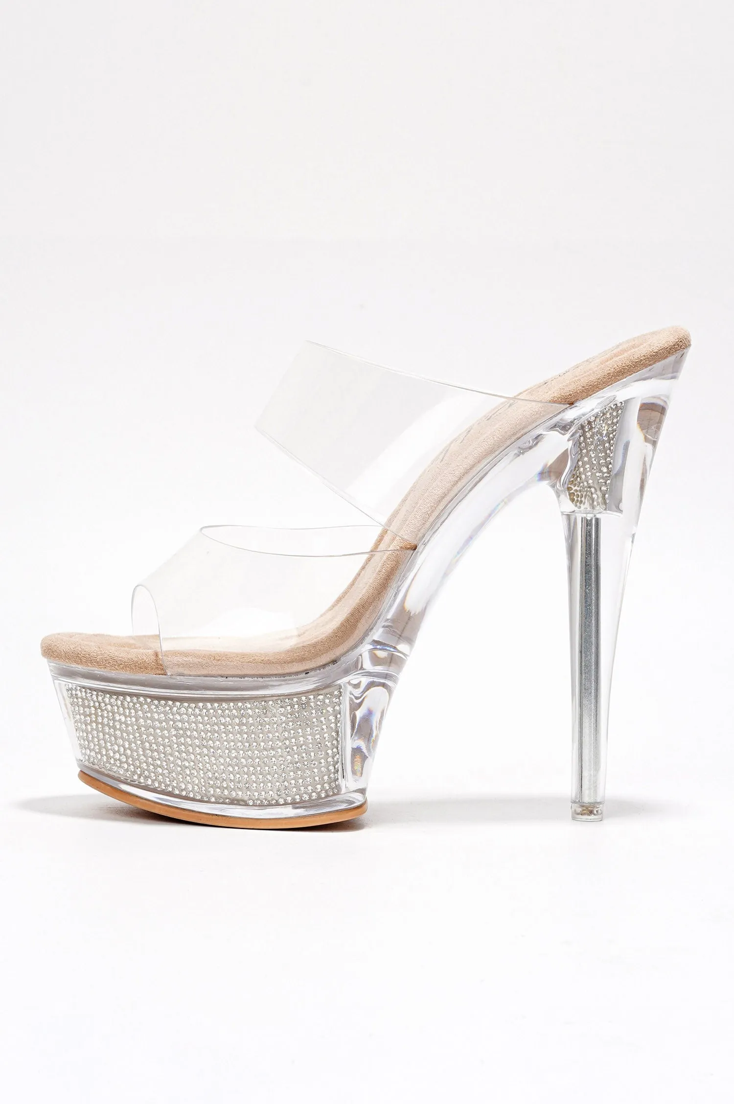 Ferrara Clear Platform Slip-On Rhinestone Transparent Straps, Round Toe Stiletto Heels - Nude sold by Cape Robbin product image thumbnail 4