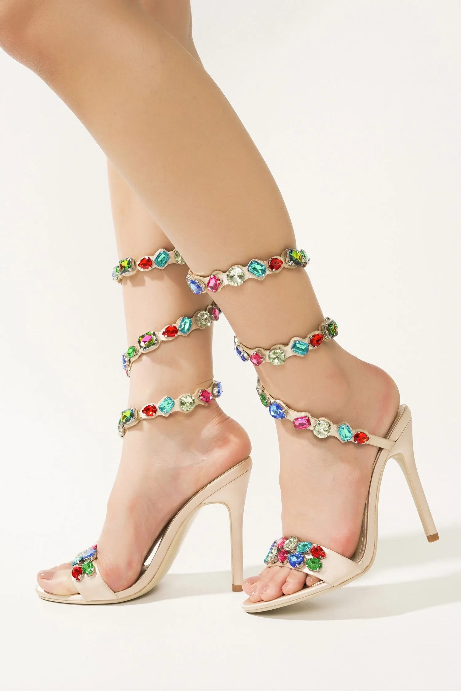 Helia Women‘s Gem-Trimmed Metallic Heels - Ankle Wrap 4 Inch Stiletto Heels - Champagne sold by Cape Robbin product image thumbnail 5