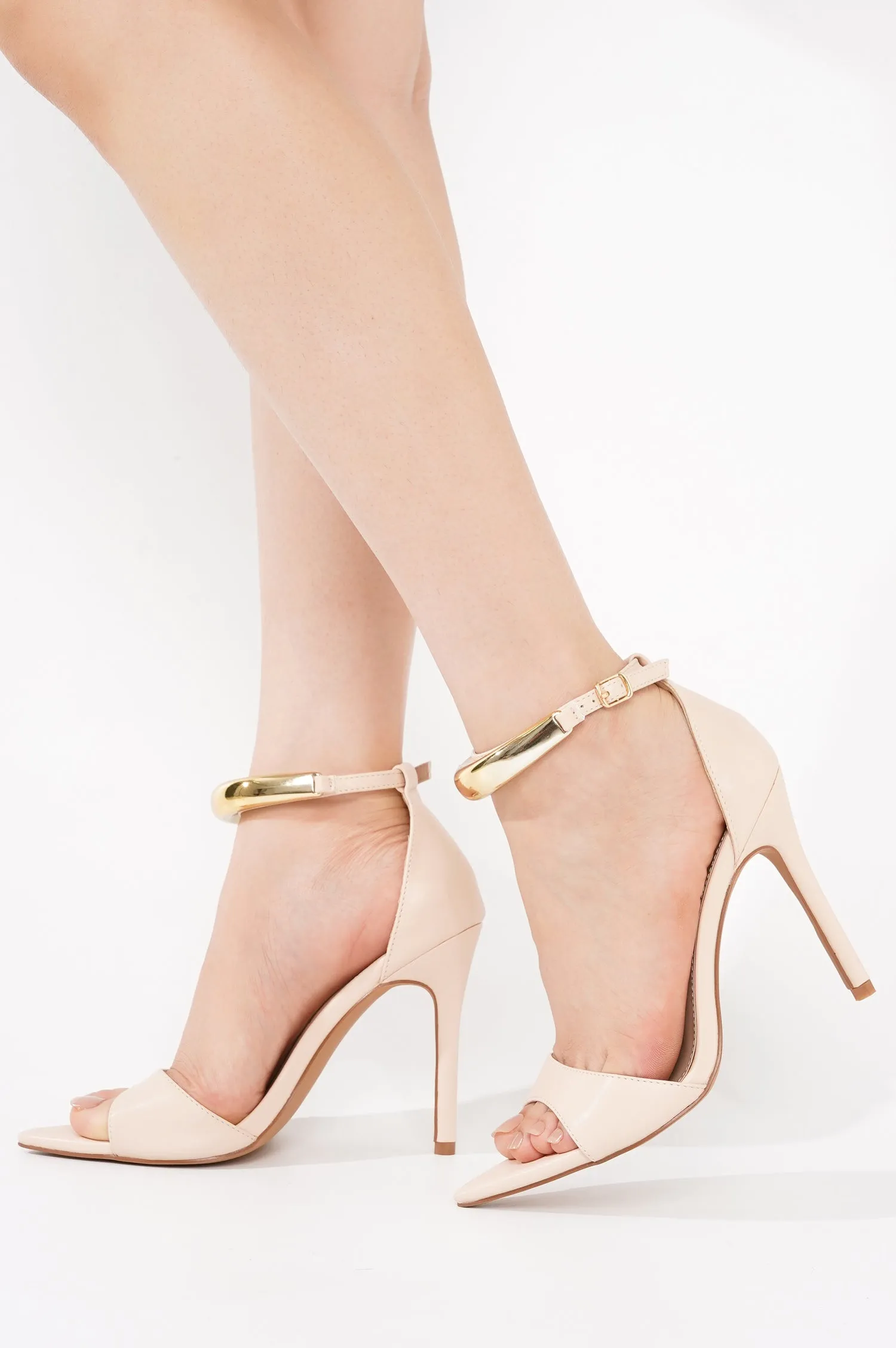 Mag Women's Pointed Toe Ankle Strap Heels with Gold Chain - Closed Back Evening Dress Sandals - Beige sold by Cape Robbin