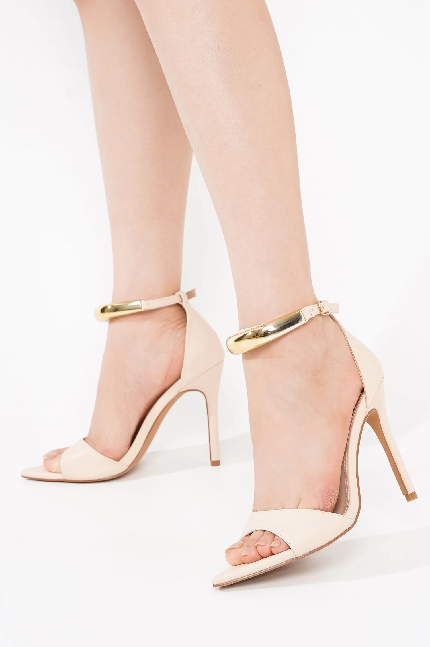 Mag Women's Pointed Toe Ankle Strap Heels with Gold Chain - Closed Back Evening Dress Sandals - Beige sold by Cape Robbin product image thumbnail 4