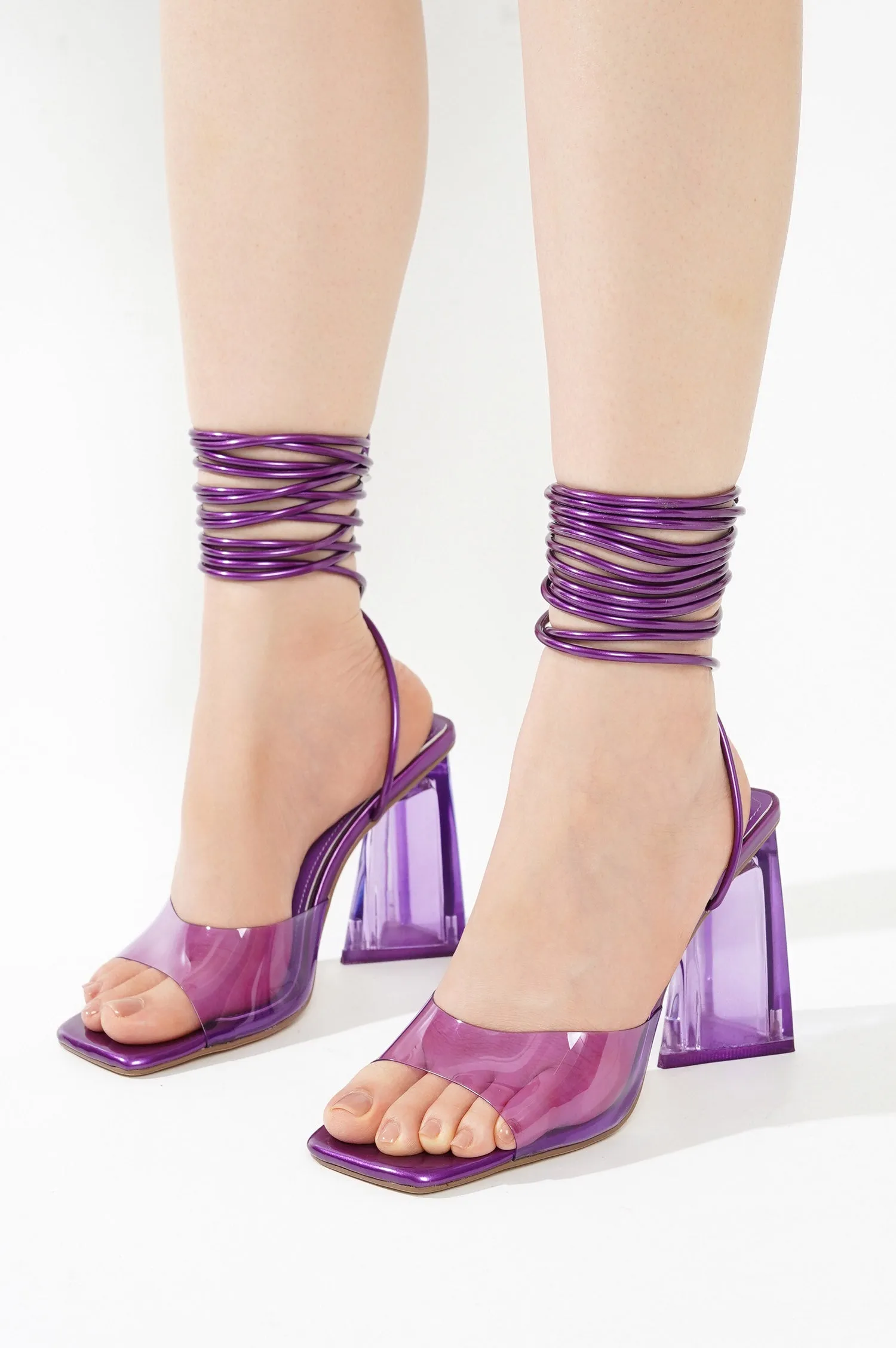 Swag Clear Strappy Block Heels for Women - Square Toe Lace Up High Heel - Purple sold by Cape Robbin product image thumbnail 4