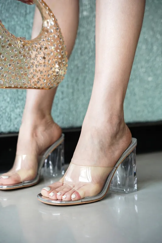 Lynnett Clear Slip-On Transparent Straps, Round Toe Block Heels - Silver made by Cape Robbin