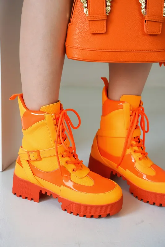 Hot Rod Chunky Heel Combat Boots - Platform Lace Up Ankle Boots - Orange sold by Cape Robbin
