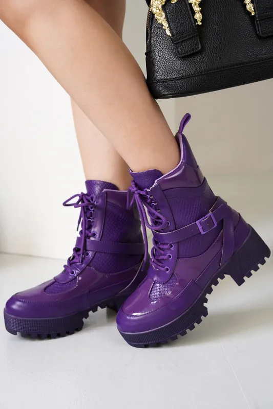 Hot Rod Chunky Heel Combat Boots - Platform Lace Up Ankle Boots - Purple made by Cape Robbin