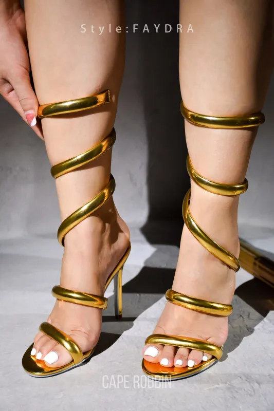 Faydra Metallic Open Toe Wrap-Around Heels - Gold made by Cape Robbin