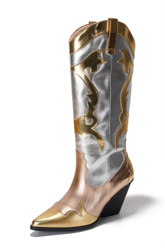 Juliana Pointed Toe Metallic Colorblock Cowboy Mid Calf Boots - Gold made by Cape Robbin