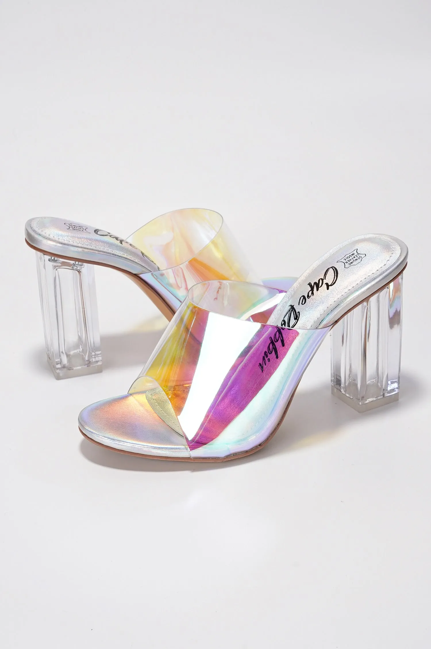 Fusion Clear Slip-On Transparent Straps, Round Toe Block Heels - Holographic sold by Cape Robbin