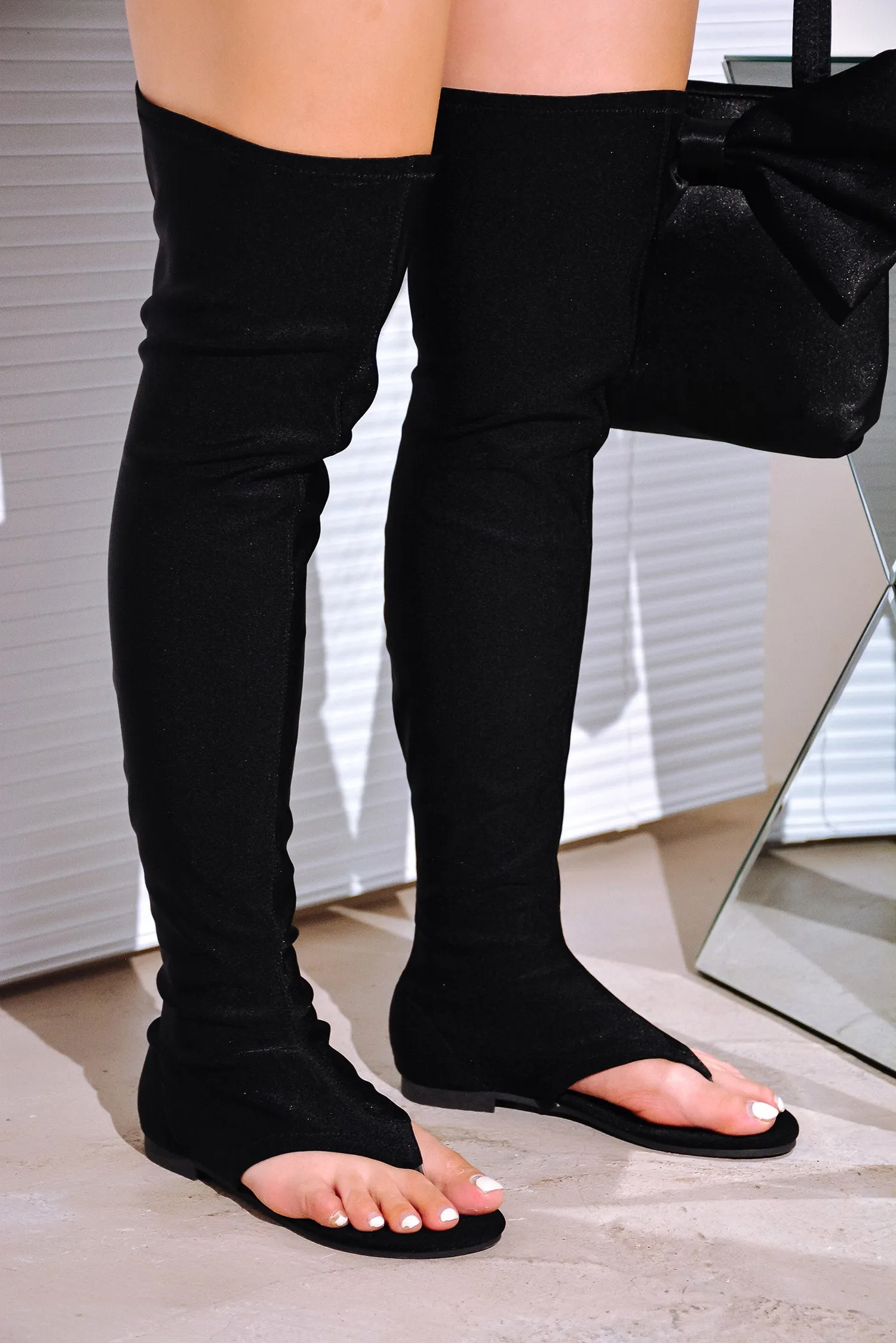 Vijaya Glossy Lycra Thigh High Sandals - Black sold by Cape Robbin