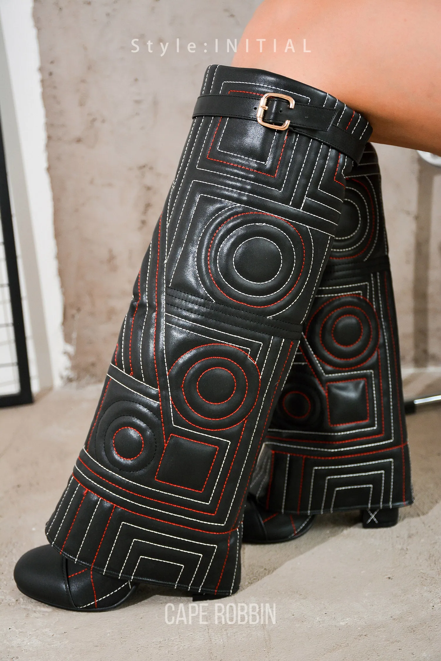 Initial Diamond Stitching Thigh-High Boots - Black sold by Cape Robbin