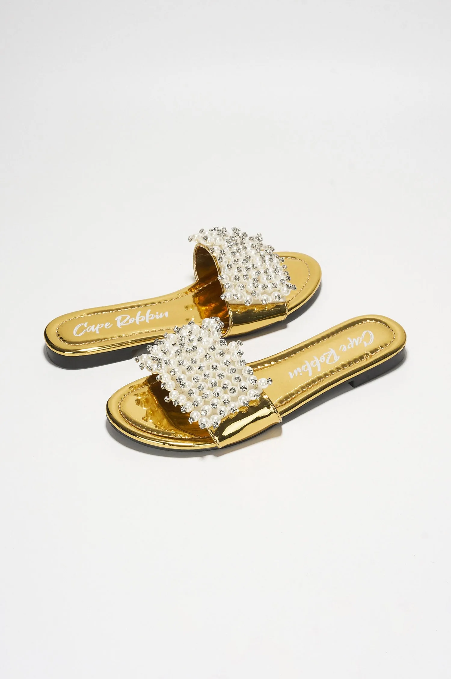 Fara Glamorous Pearl Embellished Round Toe Slip On Sandals - Gold sold by Cape Robbin product image thumbnail 2