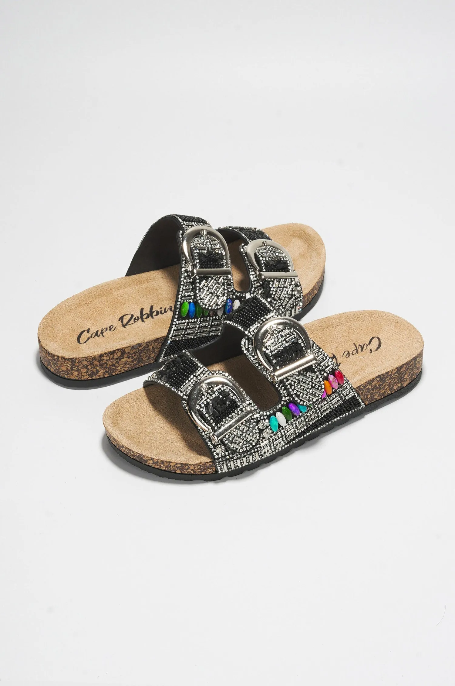 Zarla Rhinestone Buckle Open Cork Sandals - Black sold by Cape Robbin product image thumbnail 2