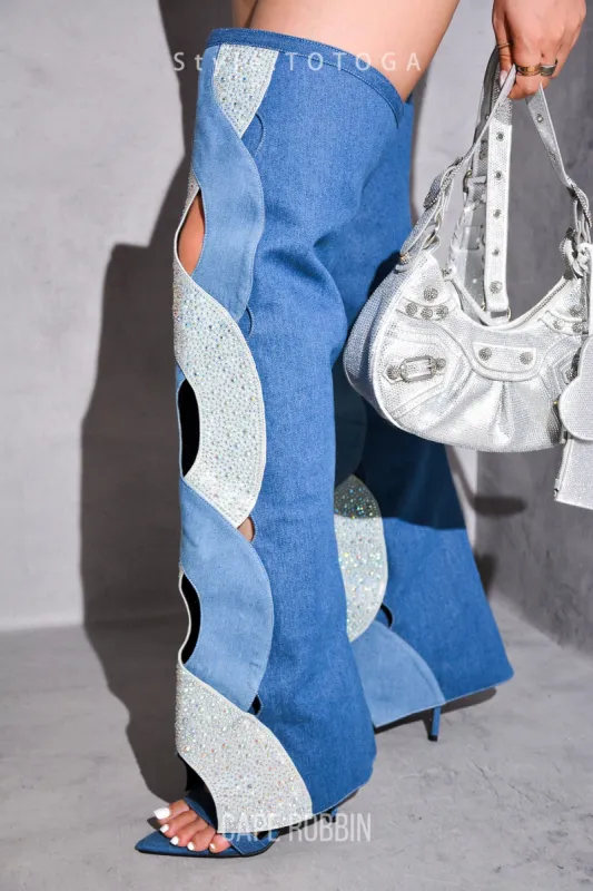 Totoga Rhinestone Thigh High Fold Over Boots - Denim sold by Cape Robbin