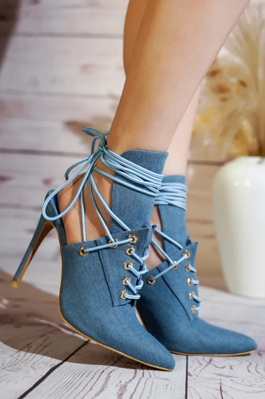 Raphaela Lace-up Chic Stiletto Heels - Denim sold by Cape Robbin