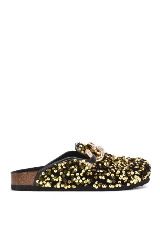 Elsa Sequin Rhinestone Chain Flat Mules - Gold sold by Cape Robbin