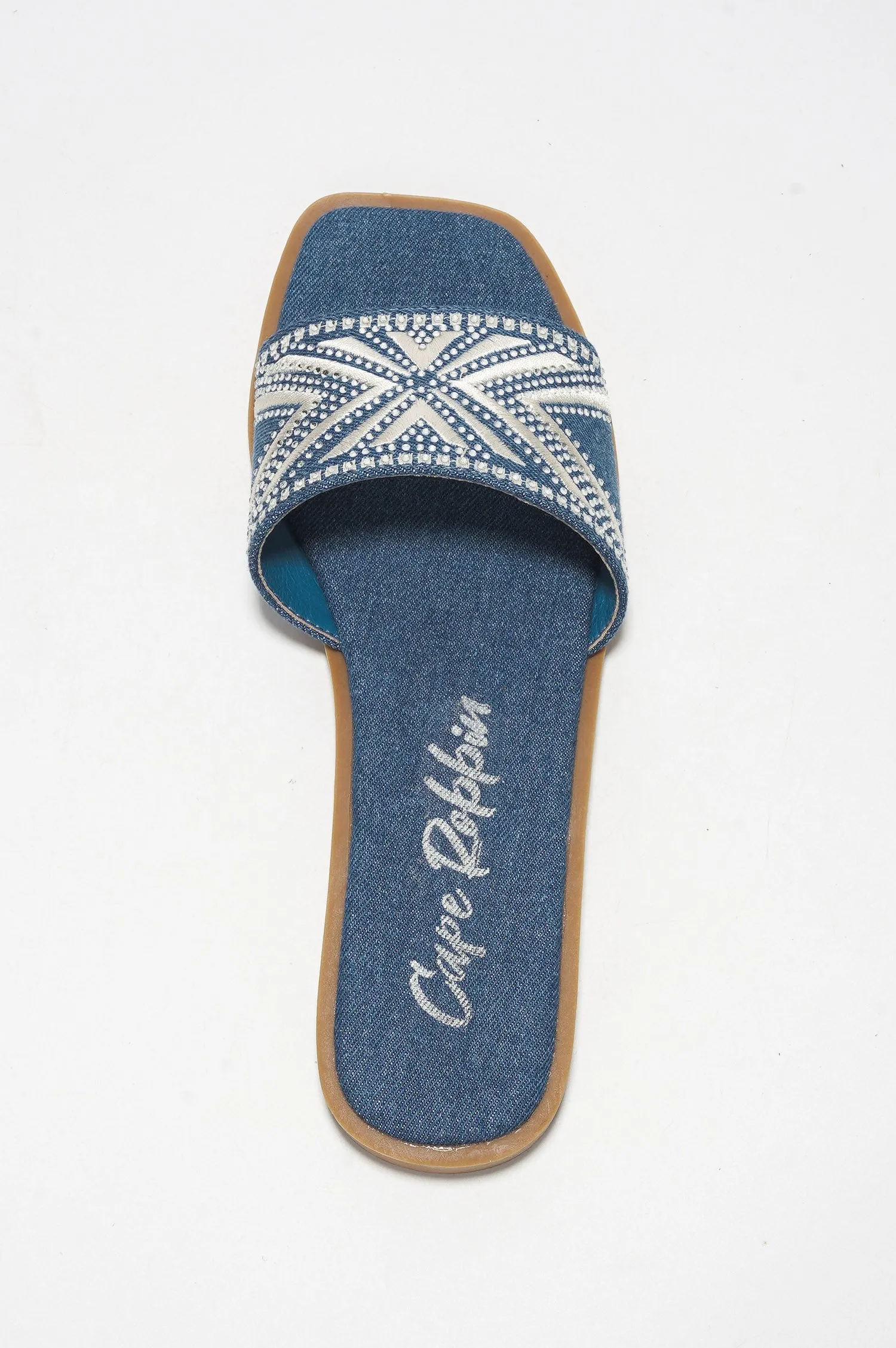 Anthe Rhinestone Embroidery Square Toe Slide Sandals - Denim sold by Cape Robbin product image thumbnail 5
