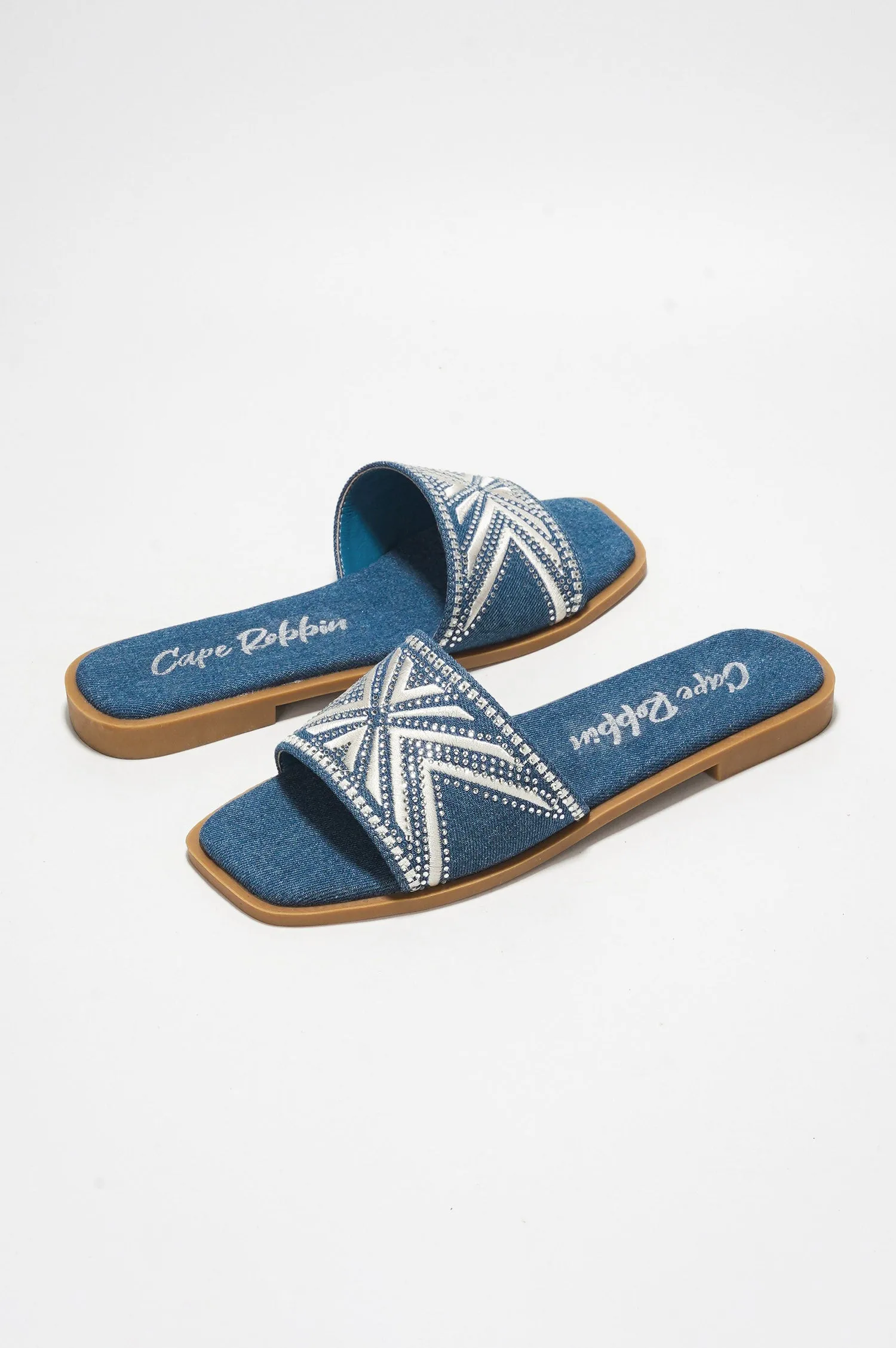 Anthe Rhinestone Embroidery Square Toe Slide Sandals - Denim sold by Cape Robbin product image thumbnail 2