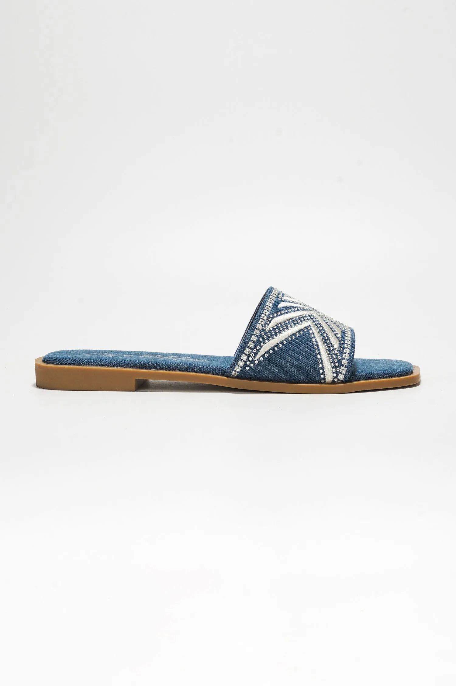 Anthe Rhinestone Embroidery Square Toe Slide Sandals - Denim sold by Cape Robbin product image thumbnail 3