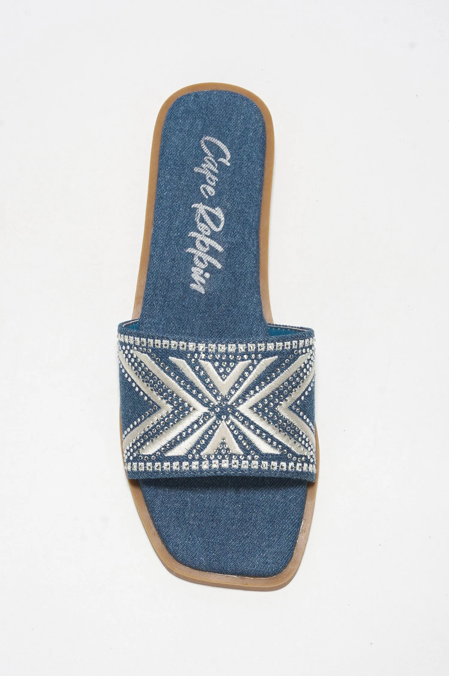Anthe Rhinestone Embroidery Square Toe Slide Sandals - Denim sold by Cape Robbin product image thumbnail 4