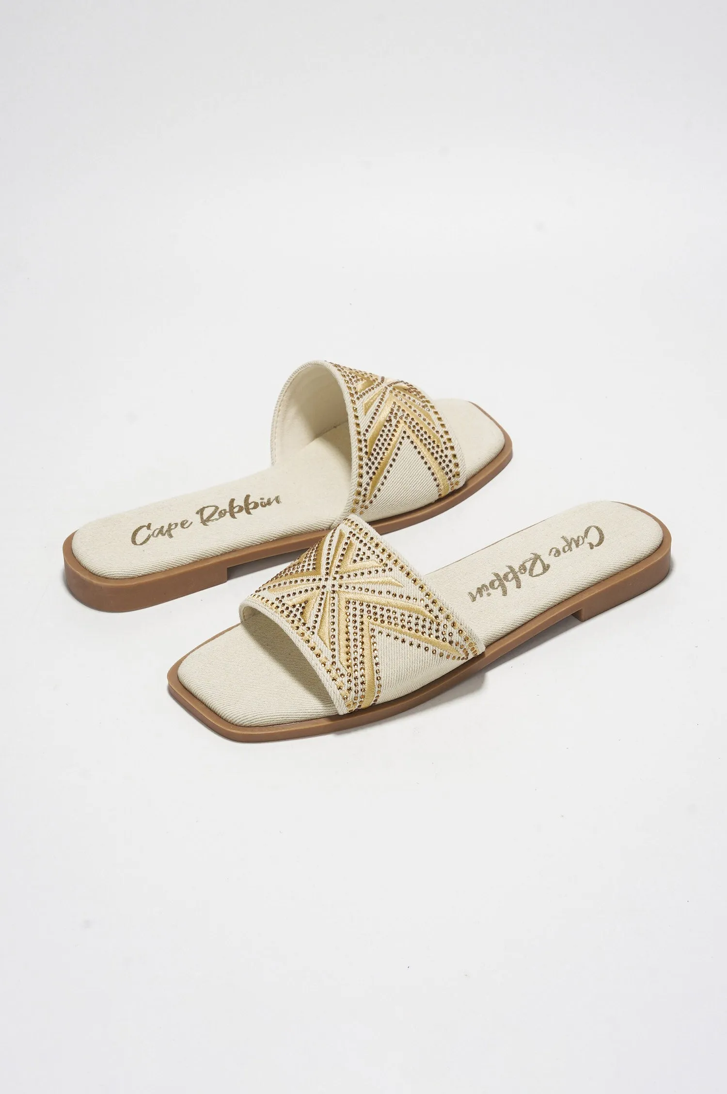 Anthe Rhinestone Embroidery Square Toe Slide Sandals - Beige sold by Cape Robbin product image thumbnail 2
