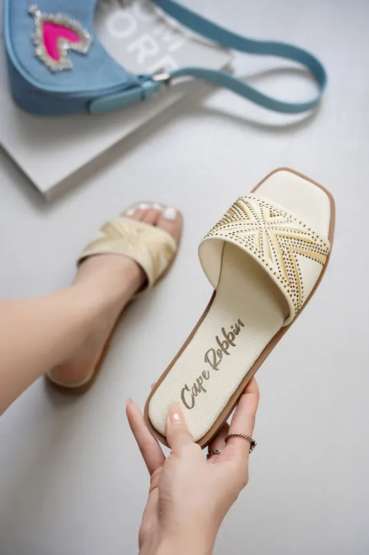Anthe Rhinestone Embroidery Square Toe Slide Sandals - Beige sold by Cape Robbin