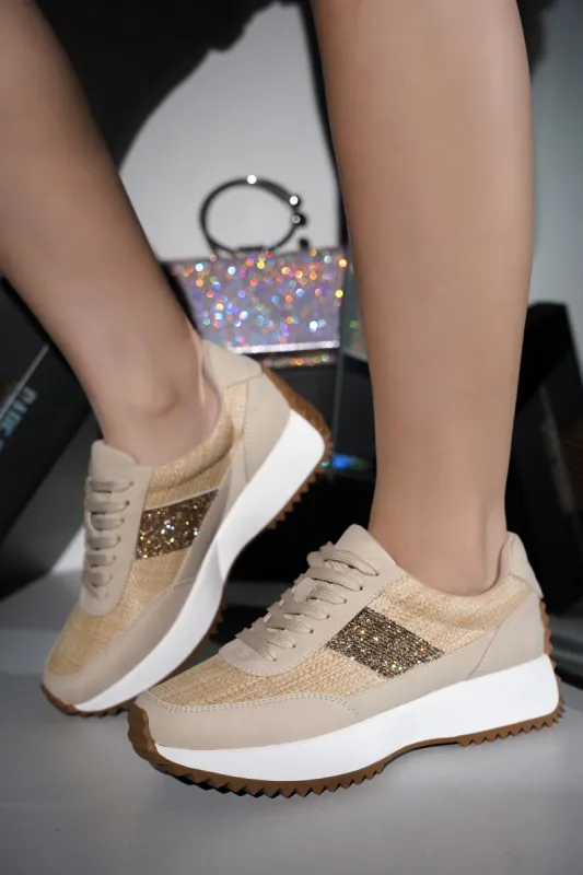 Jacinthia Rhinestone Decor Lace-up Platform Sneaker - Raffia sold by Cape Robbin