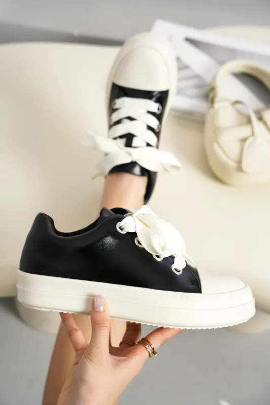 Heath Low Top Lug Sole Thick Lace Flat Sneaker - Black sold by Cape Robbin