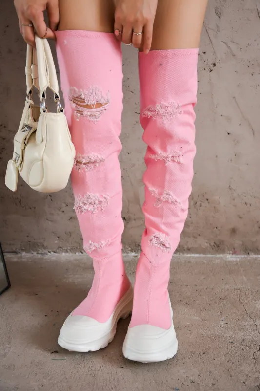 Looks Chunky Sole Thigh High Denim Sneakers - Pink sold by Cape Robbin