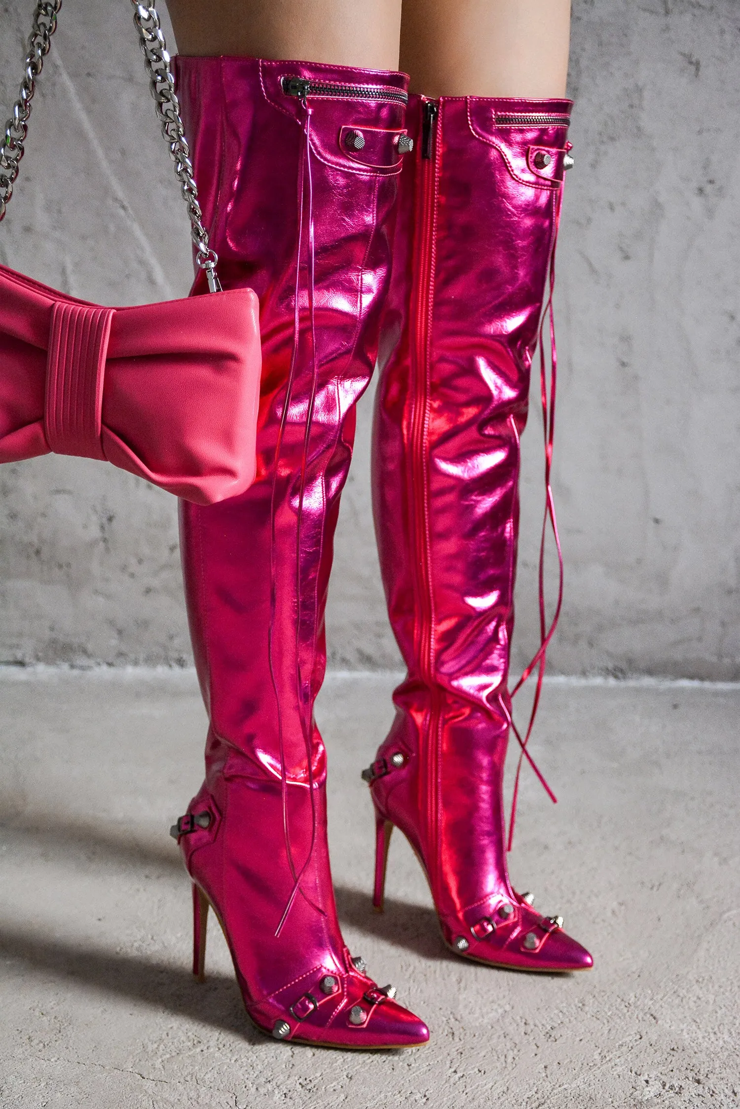 Pofin-2 Metallic Thigh High Pointy Toe Boots - Pink sold by Cape Robbin