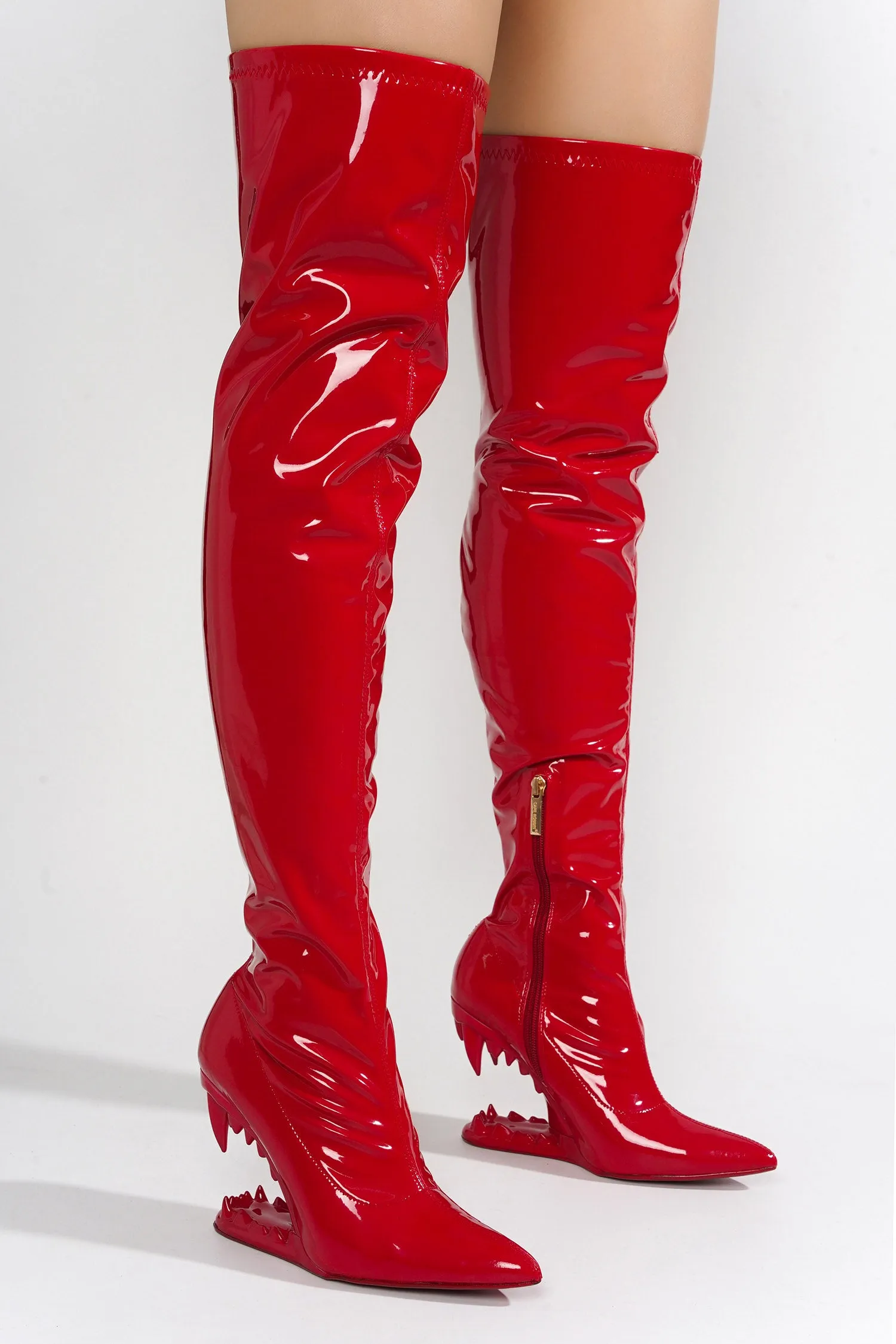 Baku Patent Thigh-High Boots Bite Heel - Red sold by Cape Robbin product image thumbnail 5