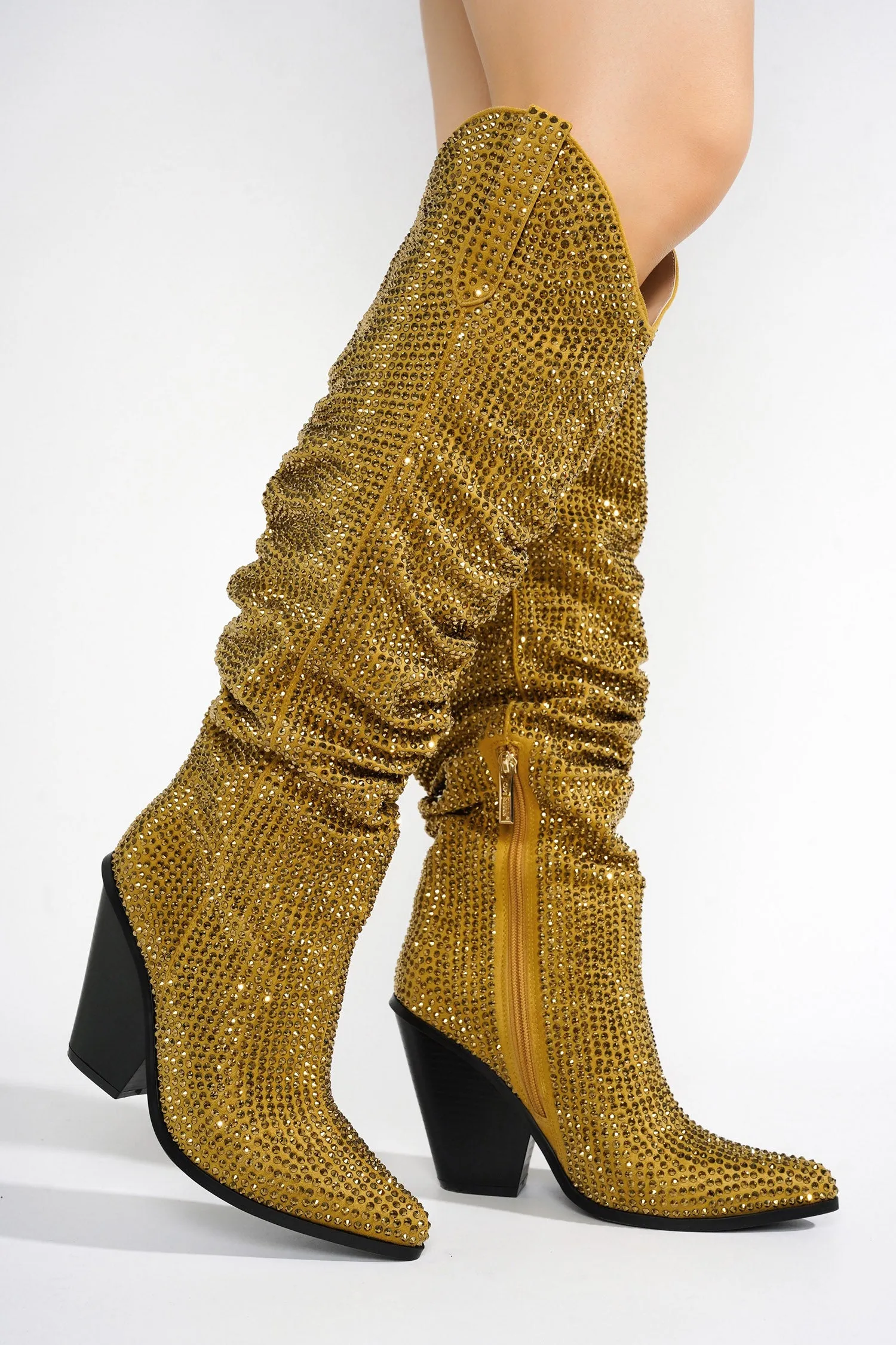 Diamante Pointed Toe Rhinestone Boots - Black - Gold sold by Cape Robbin product image thumbnail 4
