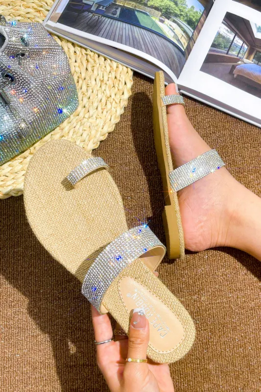 Joei Toe Loop and Upper with Rhinestone Detail Raffia Sandals - Nude sold by Cape Robbin