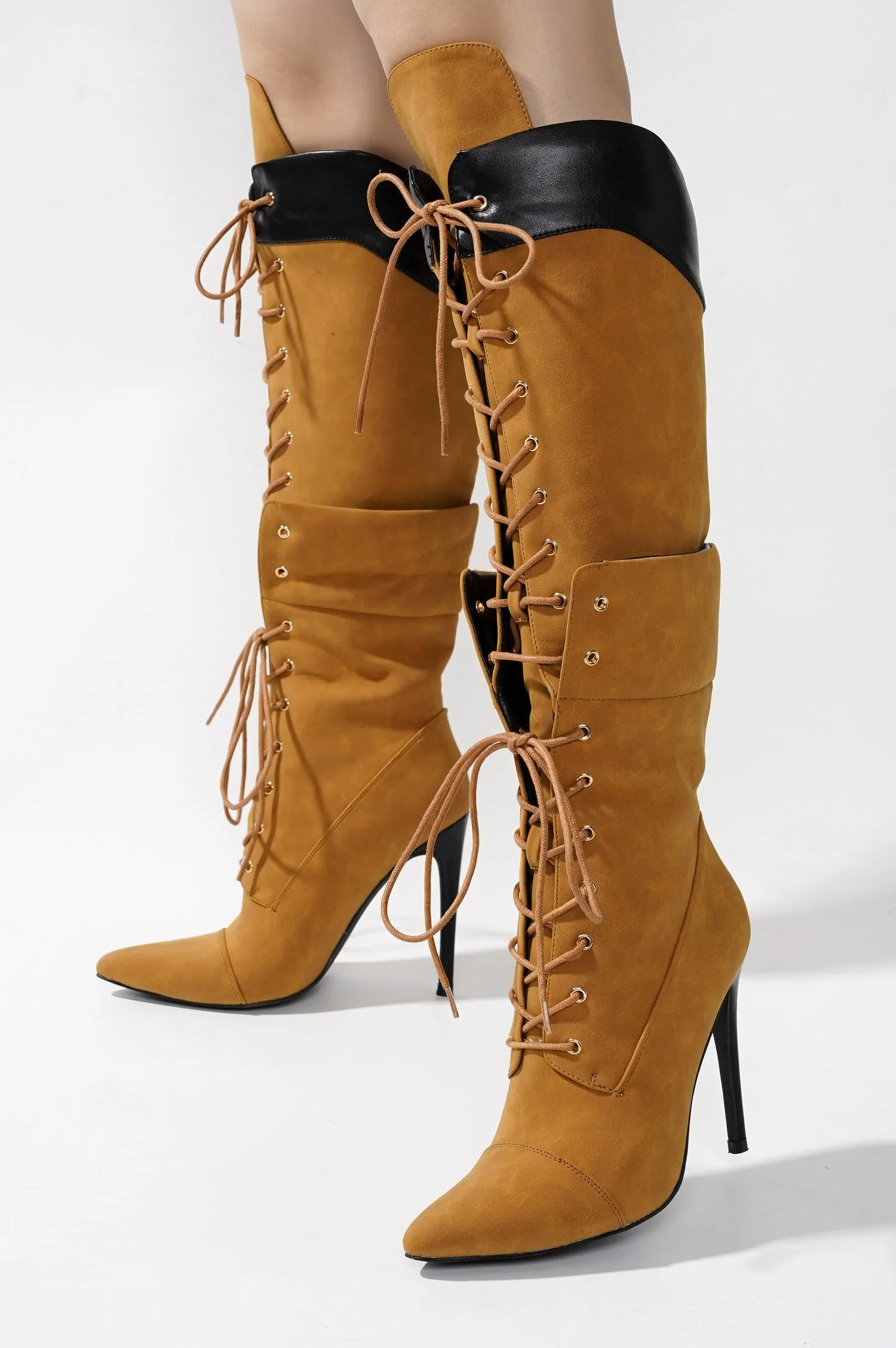Annamarie Lace-Up Knee High Heel Boots - Tan sold by Cape Robbin product image thumbnail 4