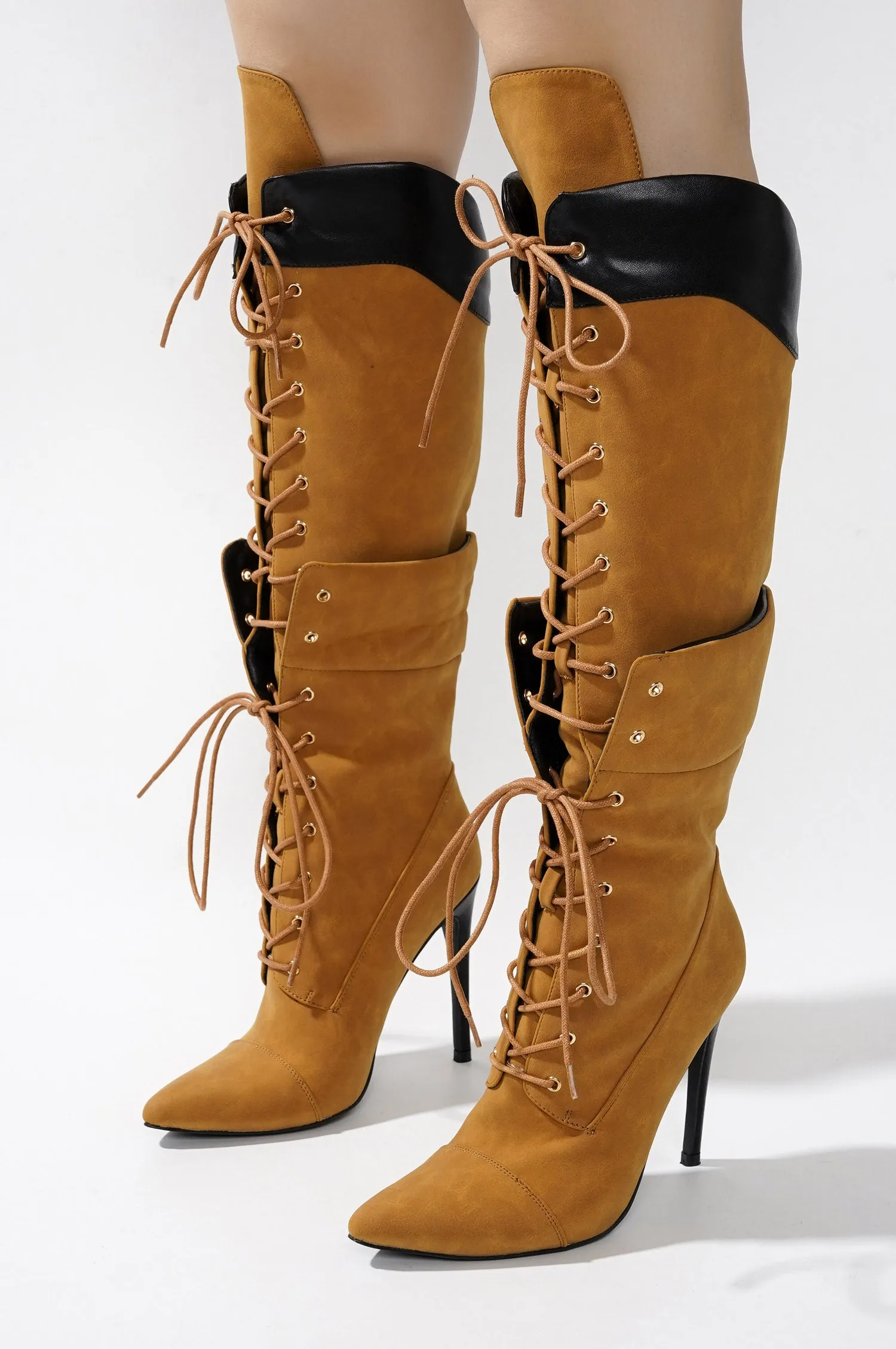 Annamarie Lace-Up Knee High Heel Boots - Tan sold by Cape Robbin product image thumbnail 3
