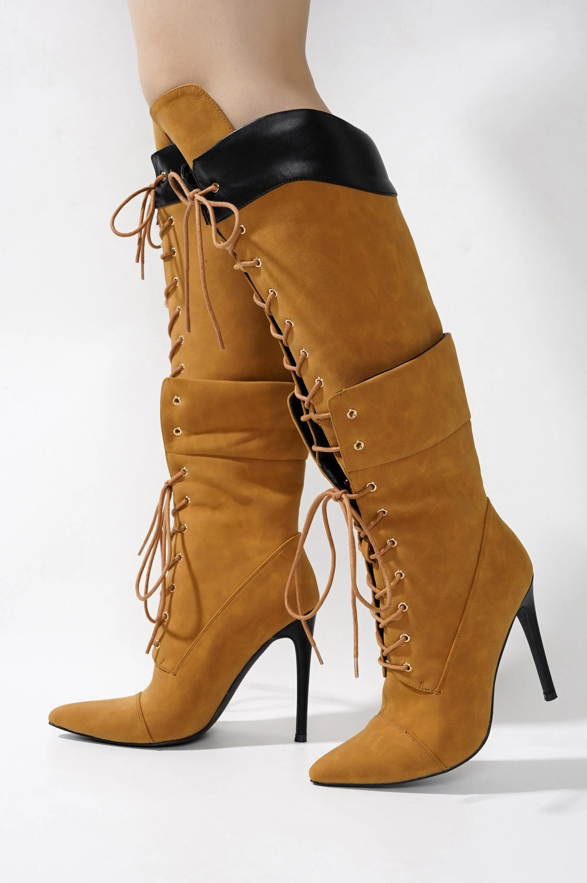 Annamarie Lace-Up Knee High Heel Boots - Tan sold by Cape Robbin product image thumbnail 2