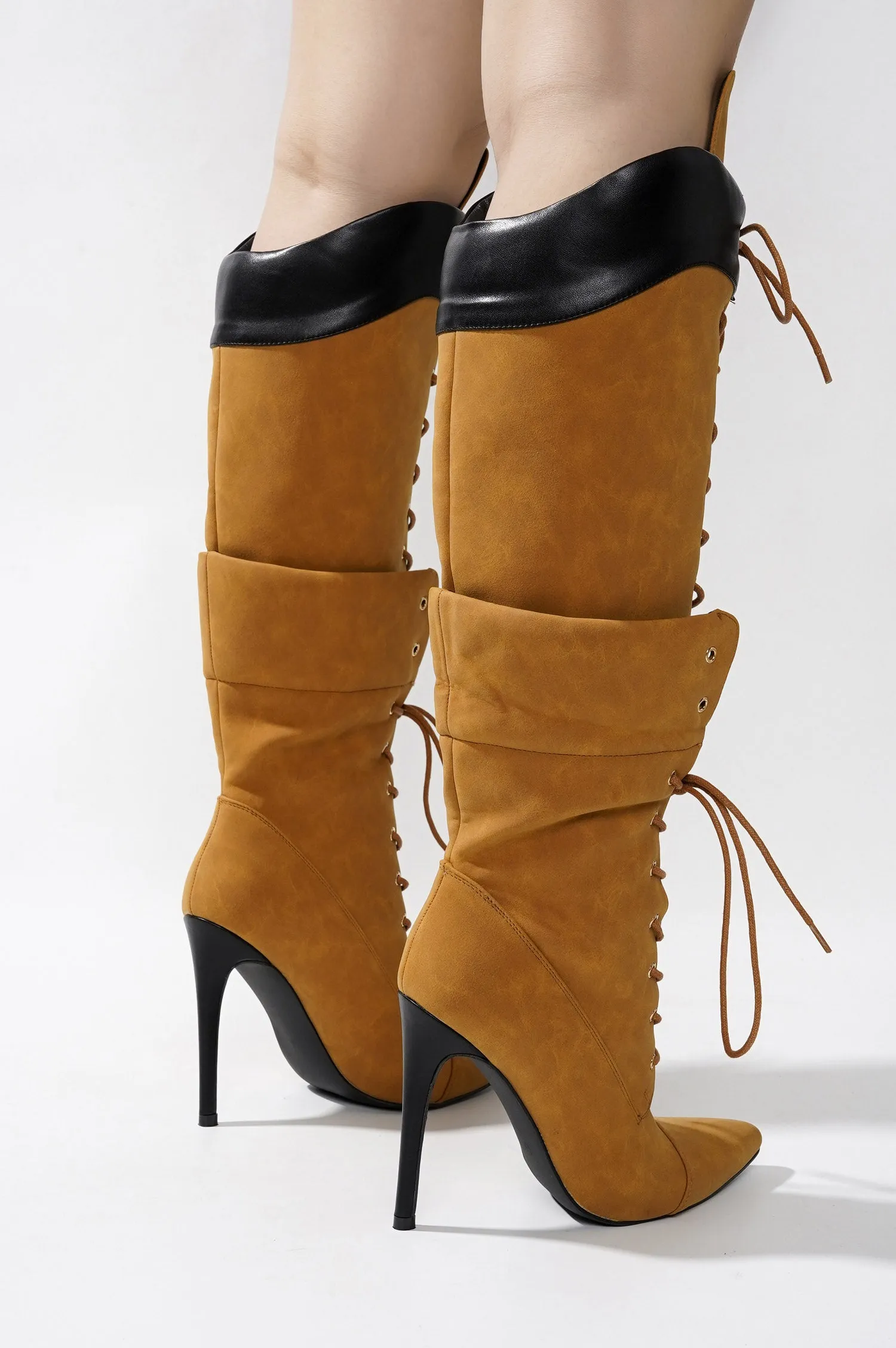 Annamarie Lace-Up Knee High Heel Boots - Tan sold by Cape Robbin product image thumbnail 5