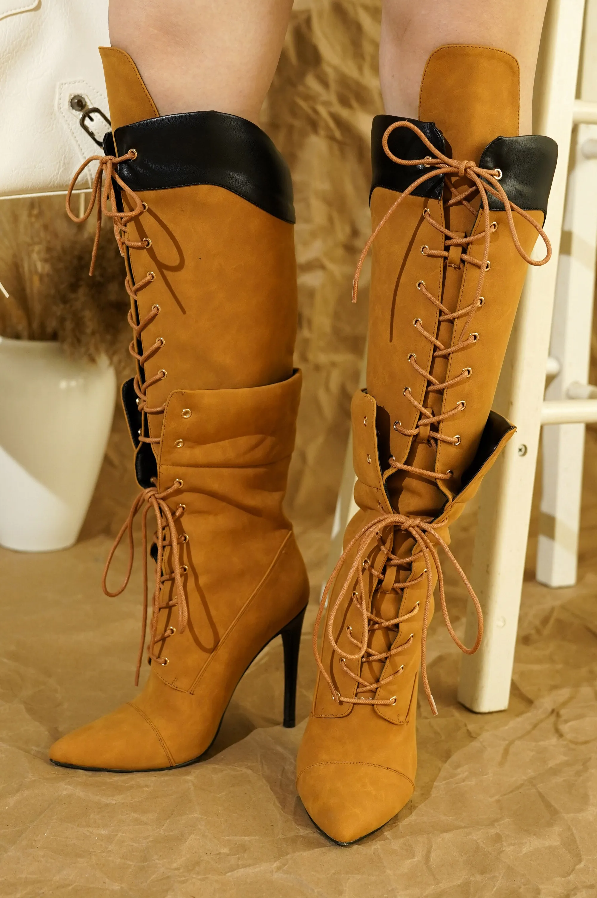 Annamarie Lace-Up Knee High Heel Boots - Tan sold by Cape Robbin